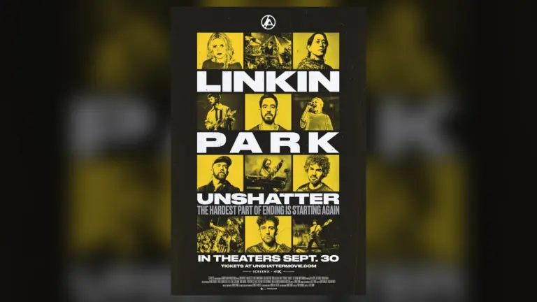 Επίσημη αφίσα του LINKIN PARK: UNSHATTER με τα μέλη της μπάντας σε μαύρο και κίτρινο σχεδιασμό