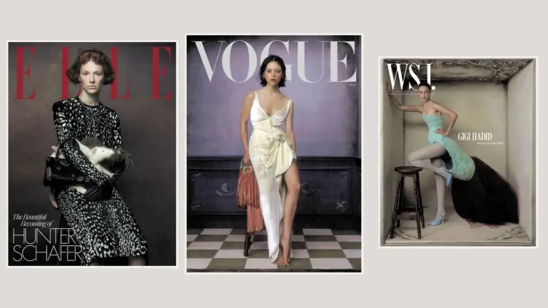 Δίπλα δίπλα τα εξώφυλλα ELLE με Hunter Schafer, Vogue με Jenna Ortega και WSJ. Magazine με Gigi Hadid.
