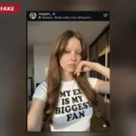 Στιγμιότυπο πλαστής AI selfie της Mia Goth από λογαριασμό Instagram με μπλε σήμα, με εμφανή προειδοποίηση AI-GENERATED / FAKE