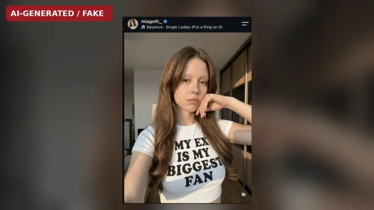 Στιγμιότυπο πλαστής AI selfie της Mia Goth από λογαριασμό Instagram με μπλε σήμα, με εμφανή προειδοποίηση AI-GENERATED / FAKE