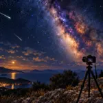 Εικονογραφημένη σκηνή αστροφωτογραφίας με κάμερα σε τρίποδο κάτω από τον Γαλαξία, με μετέωρα και λεπτή Σελήνη πάνω από θαλάσσιο ελληνικό τοπίο