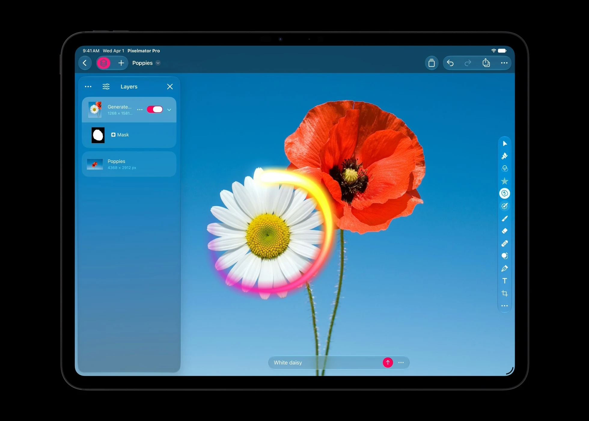 Pixelmator Pro on iPad showing Generate Fill adding a white daisy