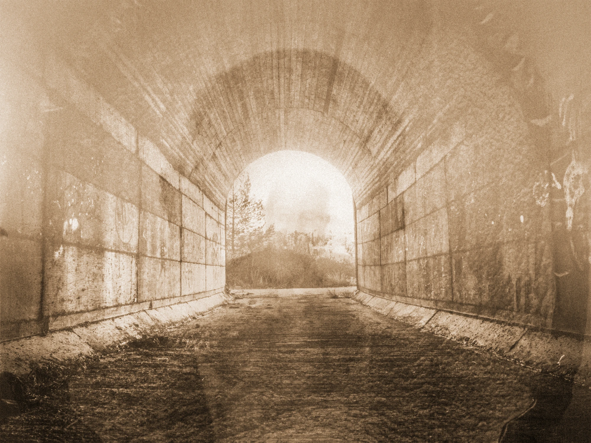 Bright arched passage with overlapping textures and lines