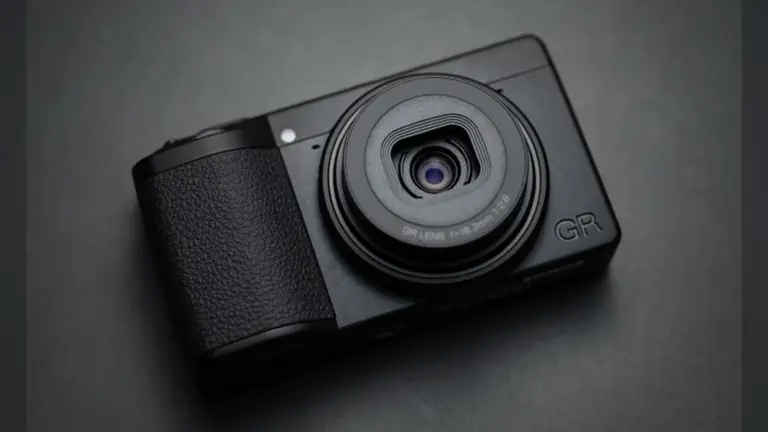 Μαύρη Ricoh GR compact φωτογραφική μηχανή σε σκούρο φόντο