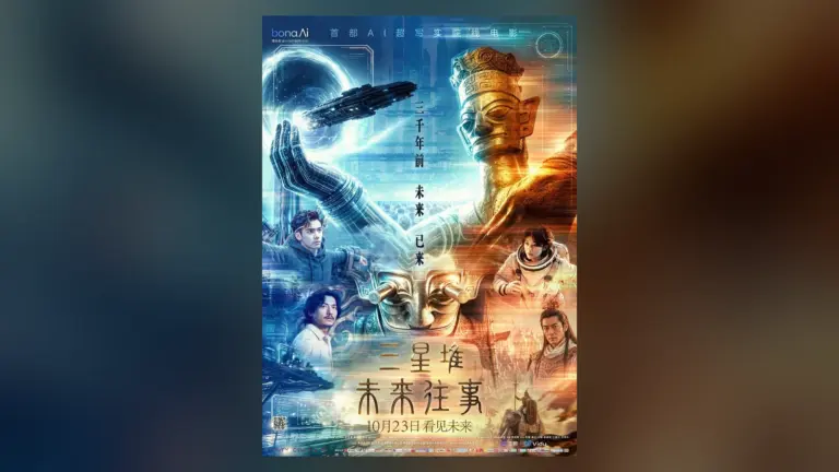 Επίσημη αφίσα της ταινίας Sanxingdui: Future Past, με αρχαίο χάλκινο άγαλμα και σκηνές επιστημονικής φαντασίας.