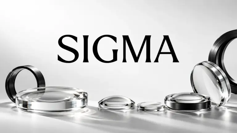 Το αυθεντικό λογότυπο SIGMA σε ασπρόμαυρη σύνθεση με οπτικό γυαλί και μεταλλικούς δακτυλίους.