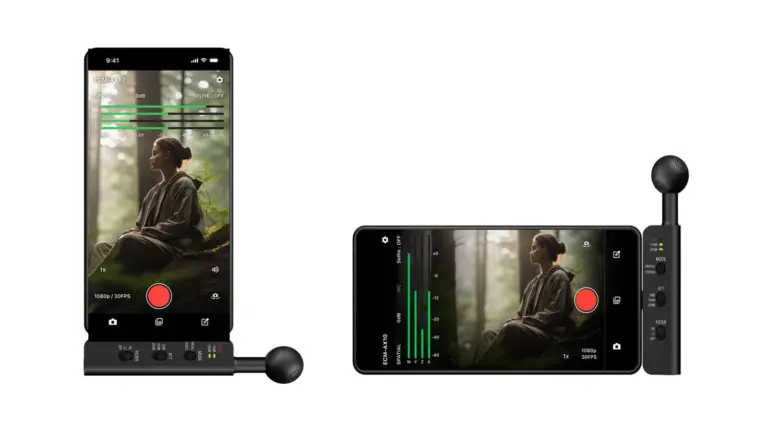 Sony ECM-AX10 συνδεδεμένο σε smartphone με την εφαρμογή Spatial Audio Video Tool