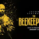 Επίσημη αφίσα της ταινίας The Beekeeper 2 με τον Jason Statham σε κίτρινο και μαύρο φόντο και σμήνος μελισσών