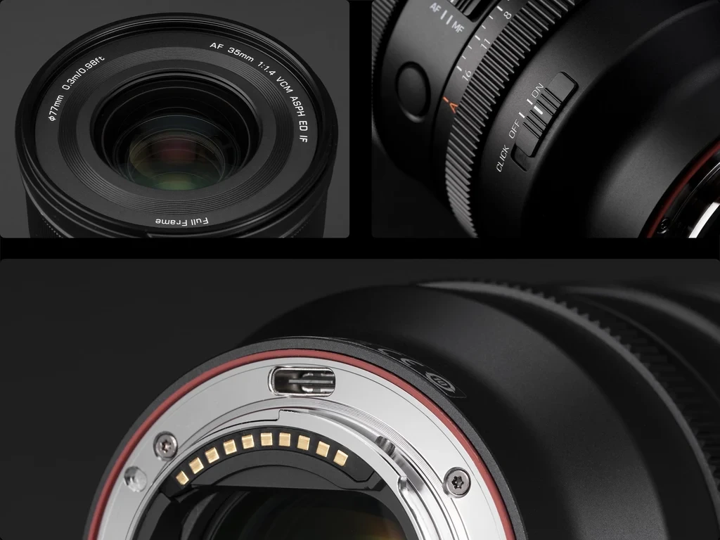 Close-up details of Viltrox AF 35mm F1.4 Pro lens controls and Sony E mount