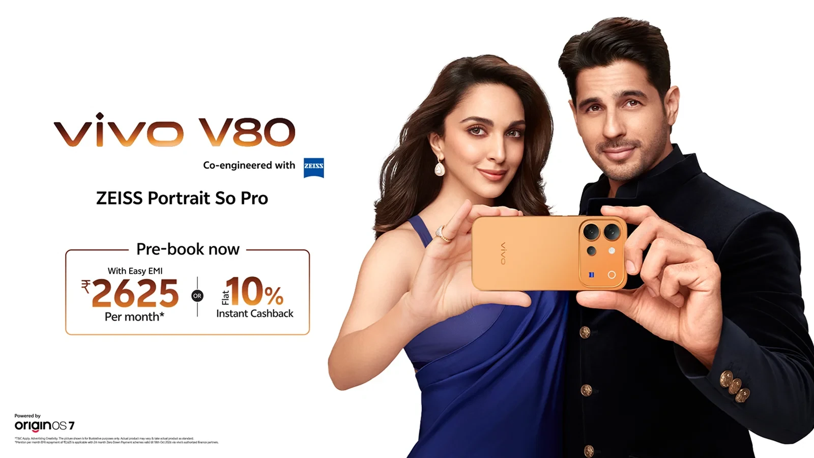 Διαφημιστική παρουσίαση του vivo V80 με δύο πρόσωπα και το smartphone