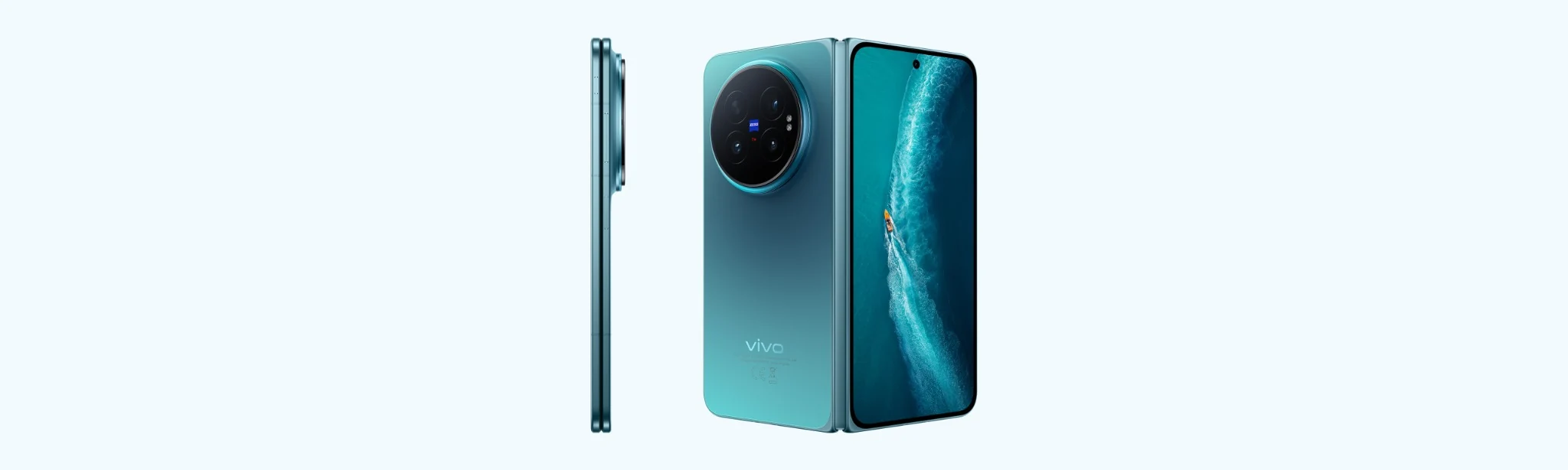 Πλάγια και πίσω όψη του vivo X Fold6 σε μπλε χρώμα