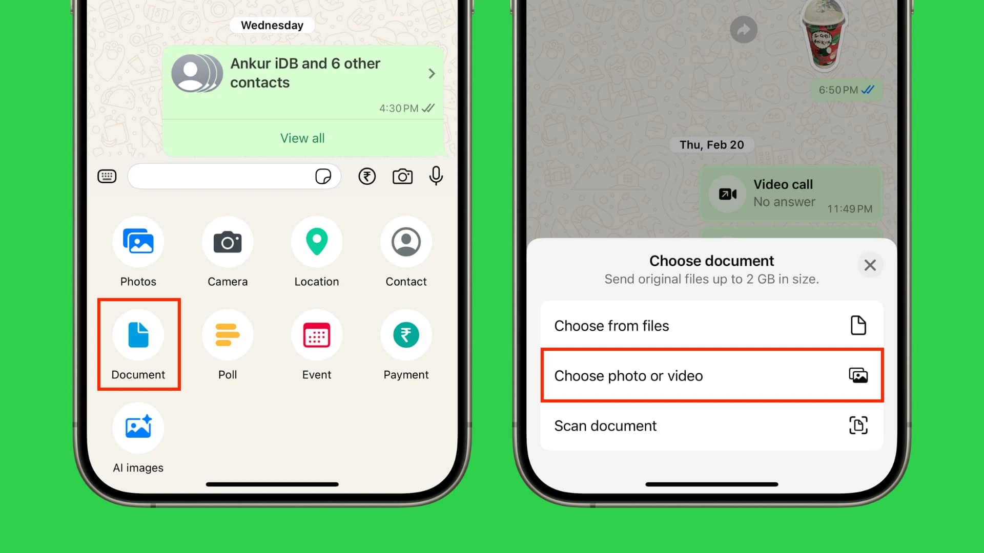 Two WhatsApp screens showing Document and Choose photo or video options.