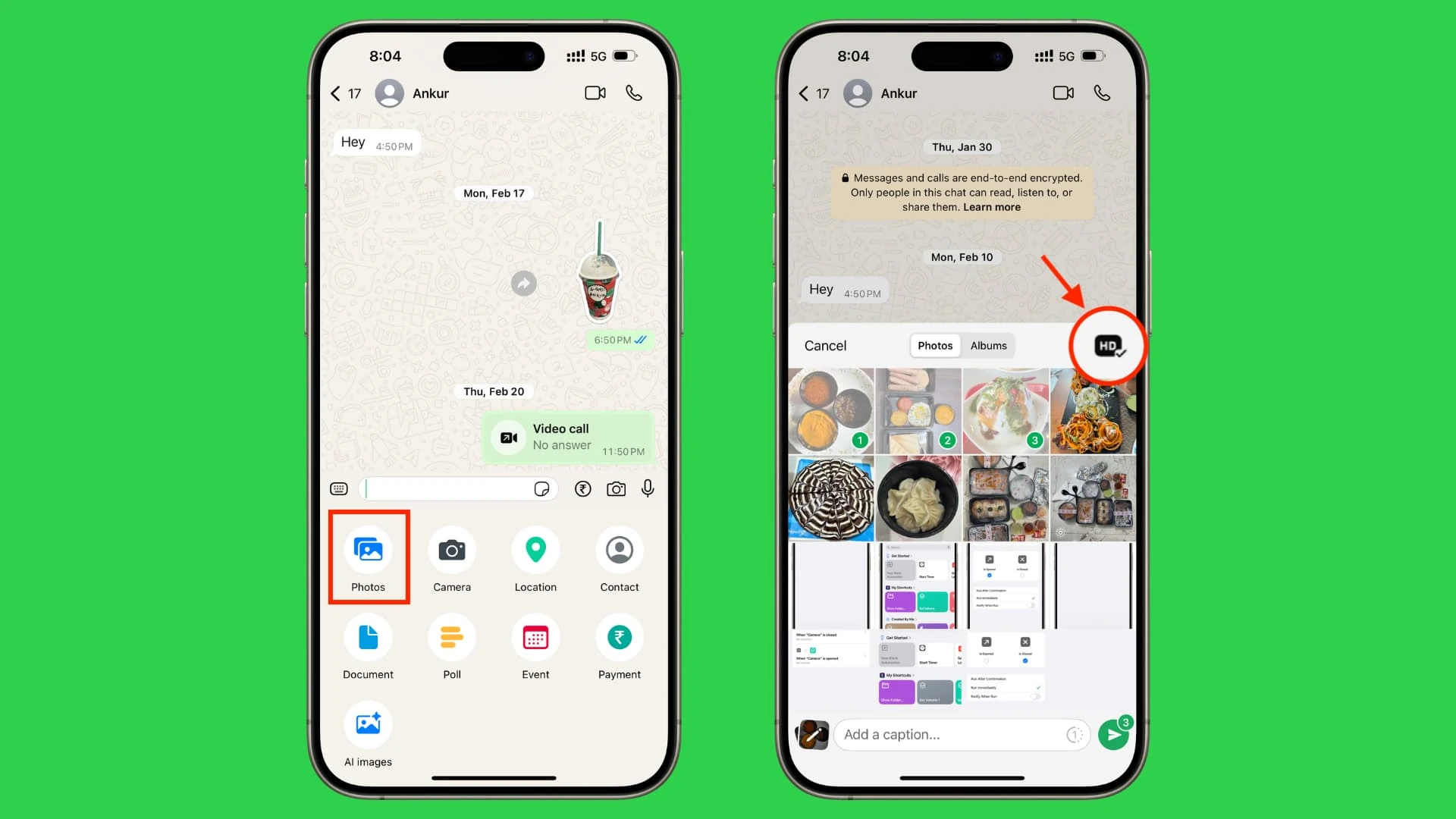 WhatsApp on iPhone showing the photo picker and the HD icon.