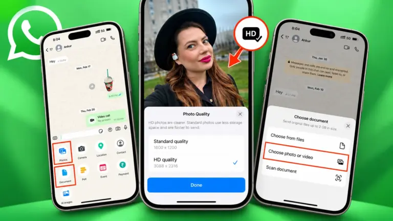 Σύνθεση τριών οθονών WhatsApp για επιλογές αποστολής HD και ως έγγραφο χωρίς συμπίεση.