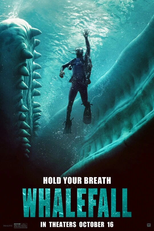 Official Whalefall poster with diver between whale jaws